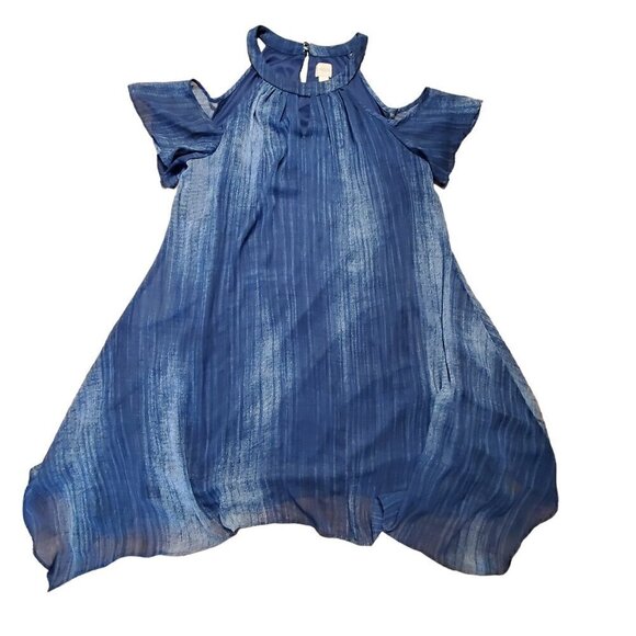 Chico’s Cold Shoulder Handkerchief‎ Dress Women 3 Indigo Lightweight Polyester - Picture 1 of 8